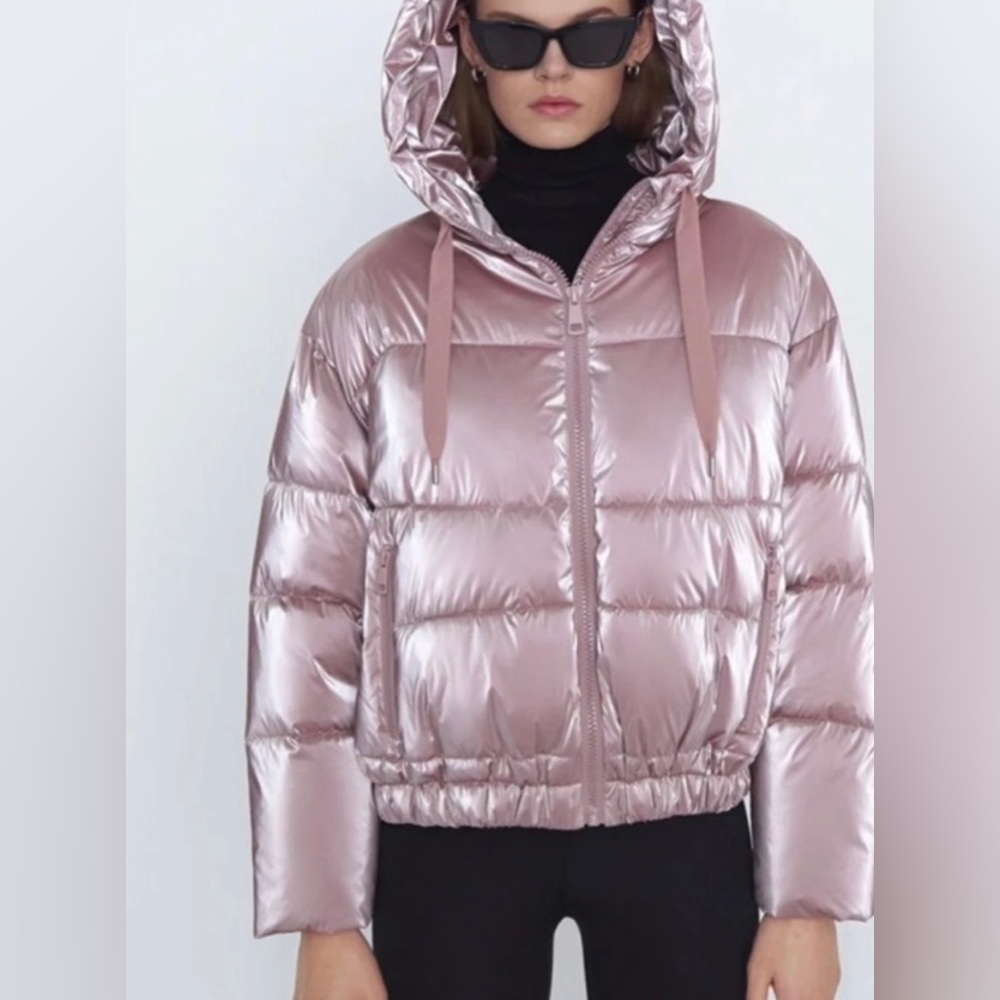 Pink Hooded Puffer Jacket Metallic Coat
